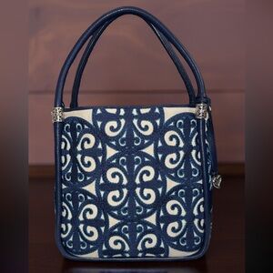 Brighton Embroidered purse / tote Navy Blue leather and cream floral Design bag